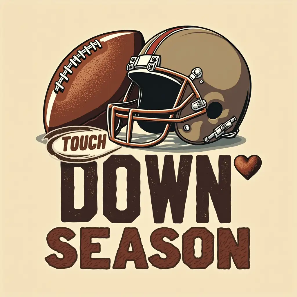 Create a football-themed graphic featuring a football, a helmet, and a coffee cup adorned with a heart. The items should be depicted in a vintage, rustic style, with a brown color palette. The text 'TOUCH DOWN' and 'SEASON' should be prominently displayed in bold, contrasting colors. The overall style should be energetic and exciting, capturing the spirit of the football season.