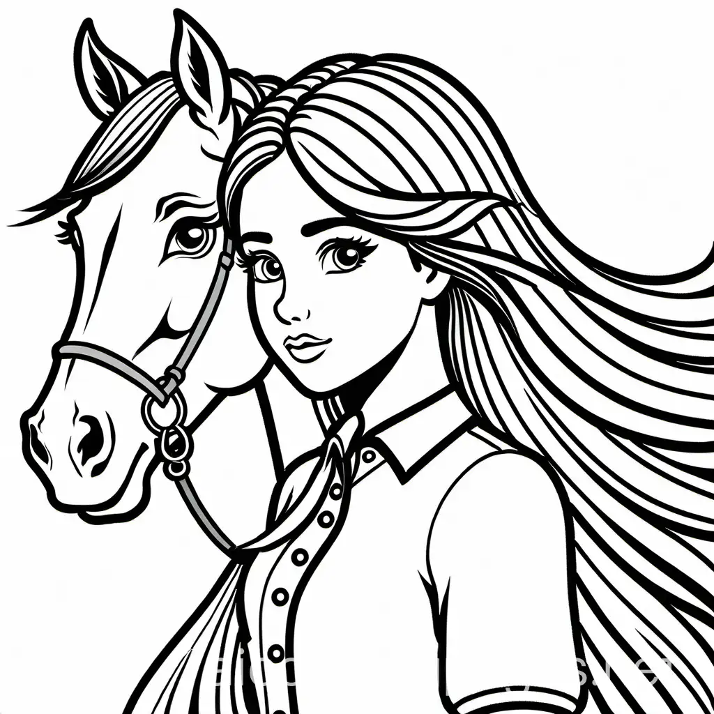 Cute-Girl-and-Horse-Coloring-Page-with-Simple-Line-Art