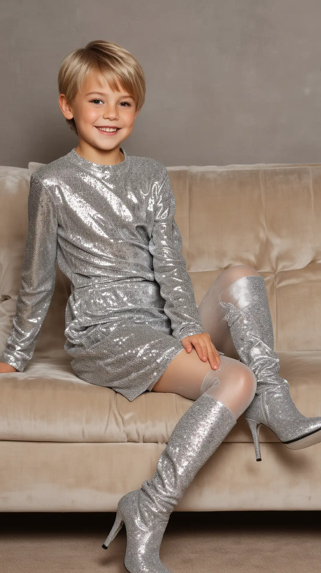 Smiling-Little-Boy-in-Silver-Glitter-Dress-and-Boots-Sitting-on-Couch