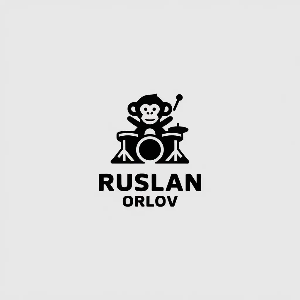 a vector logo design,with the text "Ruslan Orlov", main symbol:Black and white logo of a monkey and drums,Minimalistic,clear background