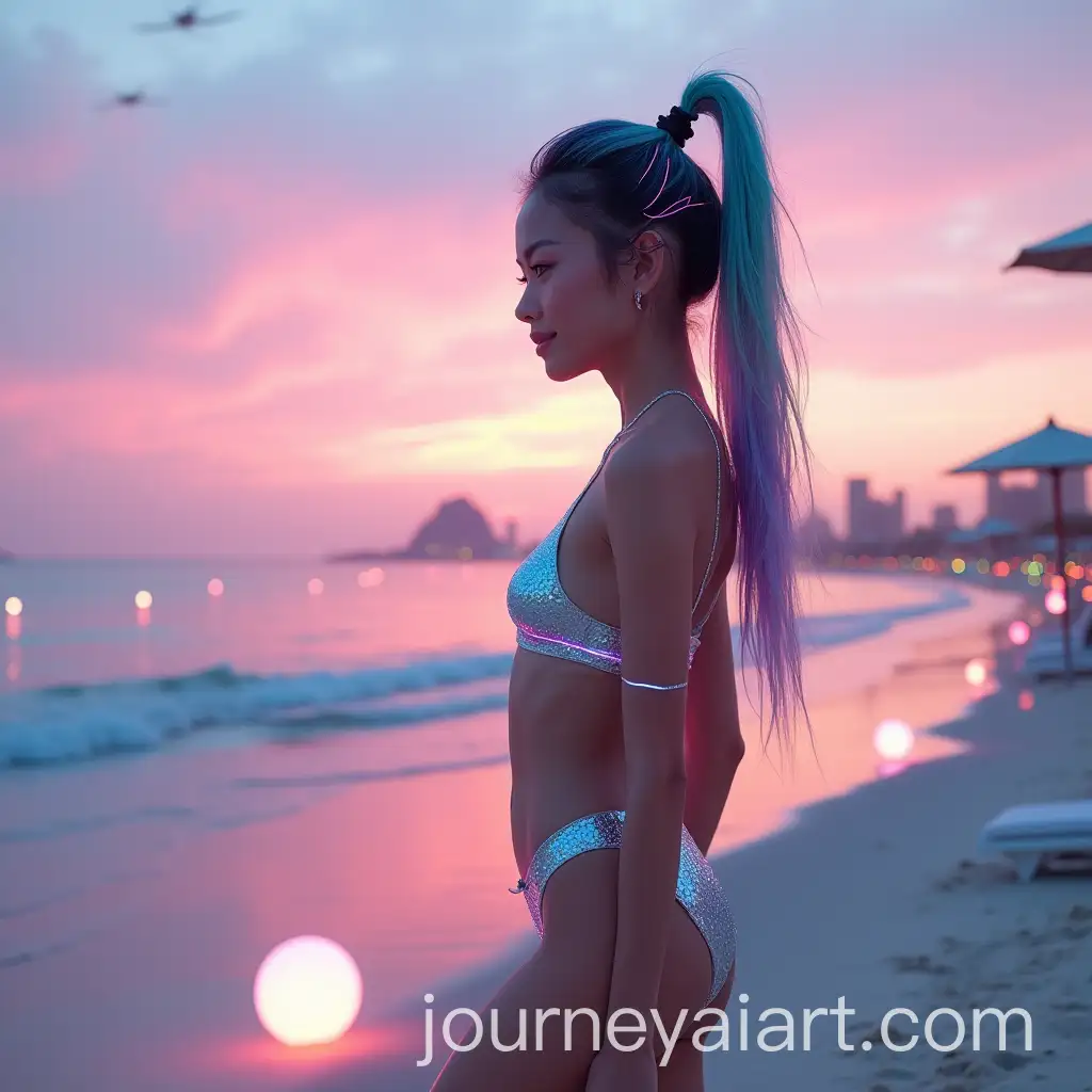 Futuristic-Beach-Scene-with-Cybernetic-Woman-and-Hovering-Lounge-Chairs