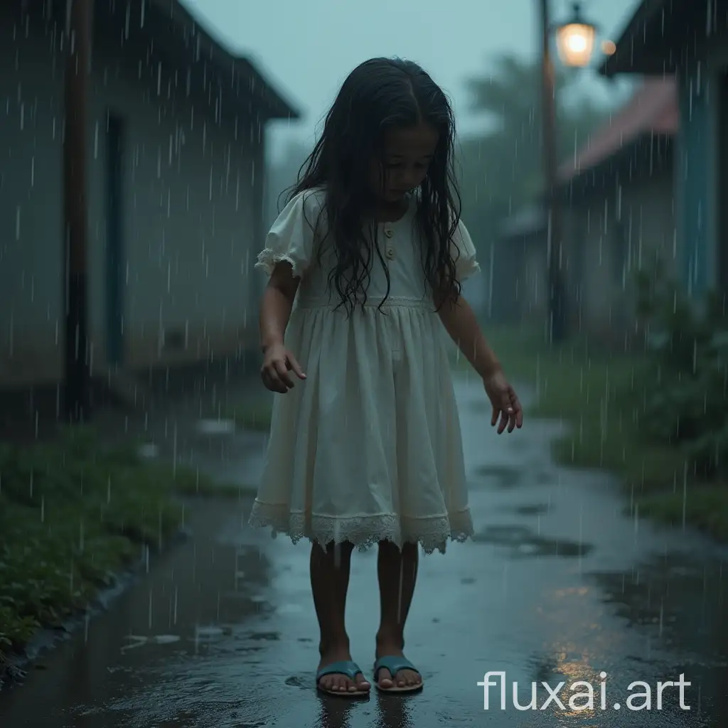 a beautiful girl is crying in the rain without shoes