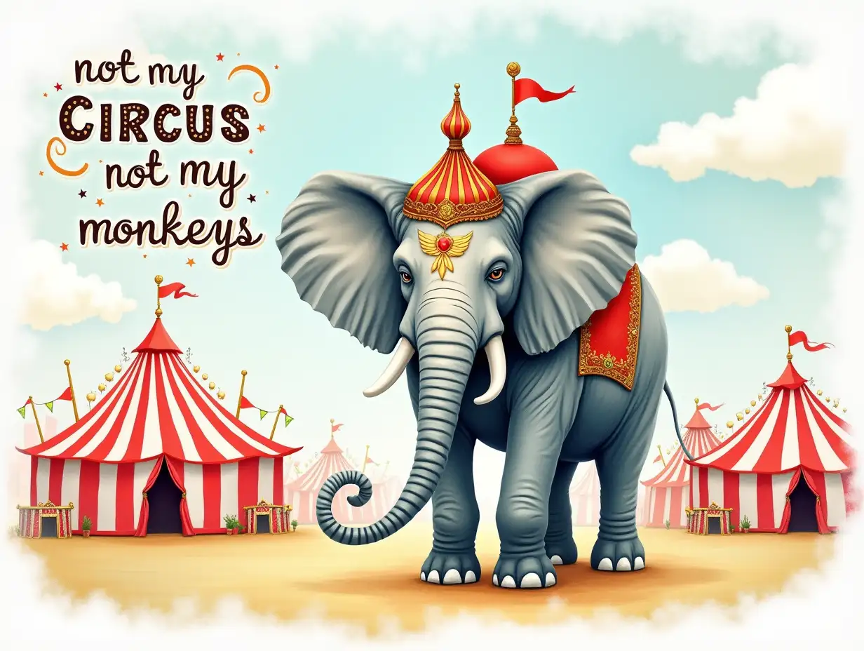 Vintage, Watercolor art. Create a whimsical and colorful circus scene featuring a large, majestic elephant at the forefront, adorned with a decorative headdress. The background should showcase vibrant red and white striped circus tents against a soft blue sky with fluffy clouds. Include various carnival attractions to enhance the festive atmosphere. Use a color palette of pastel shades mixed with brighter hues for an inviting, playful tone. Integrate the text 'not my circus, not my monkeys' to the left, with swirling embellishments and stars for added humor and charm. Aim for a detailed watercolor style that captures the whimsical nature of the circus and the grandeur of the elephant, emphasizing carefree joy and lightheartedness.