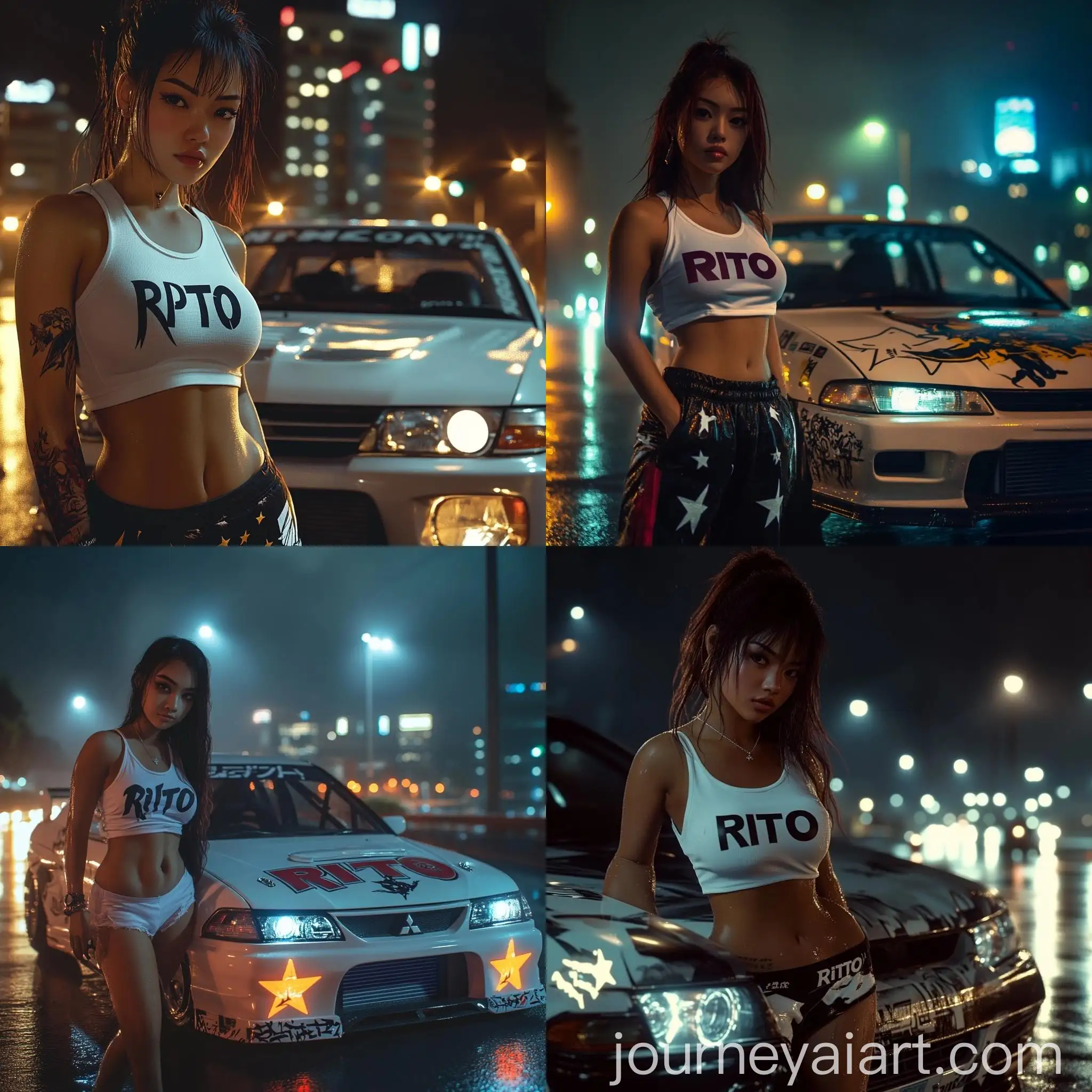 Young-Indonesian-Woman-with-Custom-Mitsubishi-Lancer-Racing-Car-at-Night