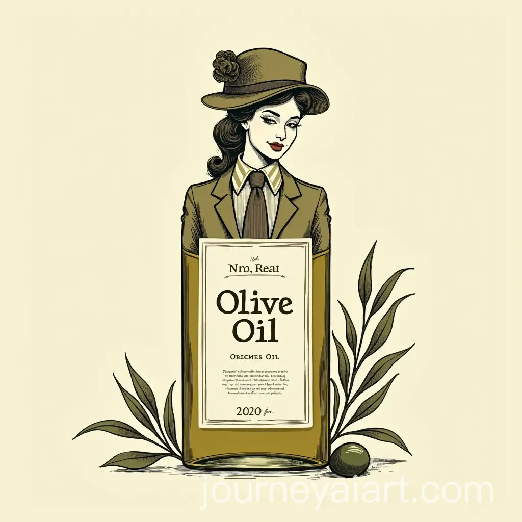 Vintage-Olive-Oil-Label-Design-Featuring-Stylish-Woman-in-Tailored-Mans-Suit