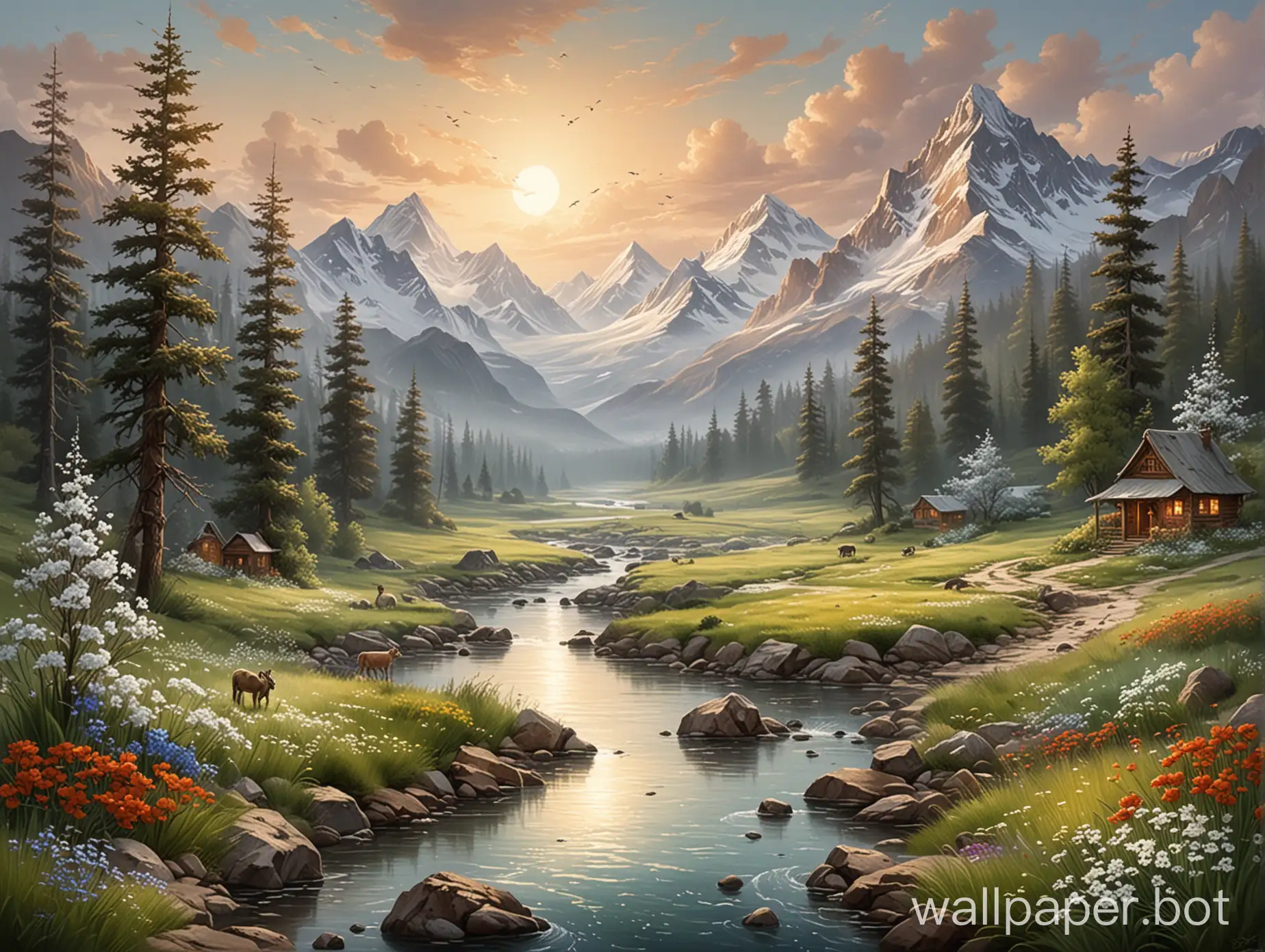 windscape wallpaper should have tall mountains, a small river, small grass, small flowers, large trees, mountain peaks in the side, add a bit of winter elements and also add 3 animals on the mountain painting, but don't paint water