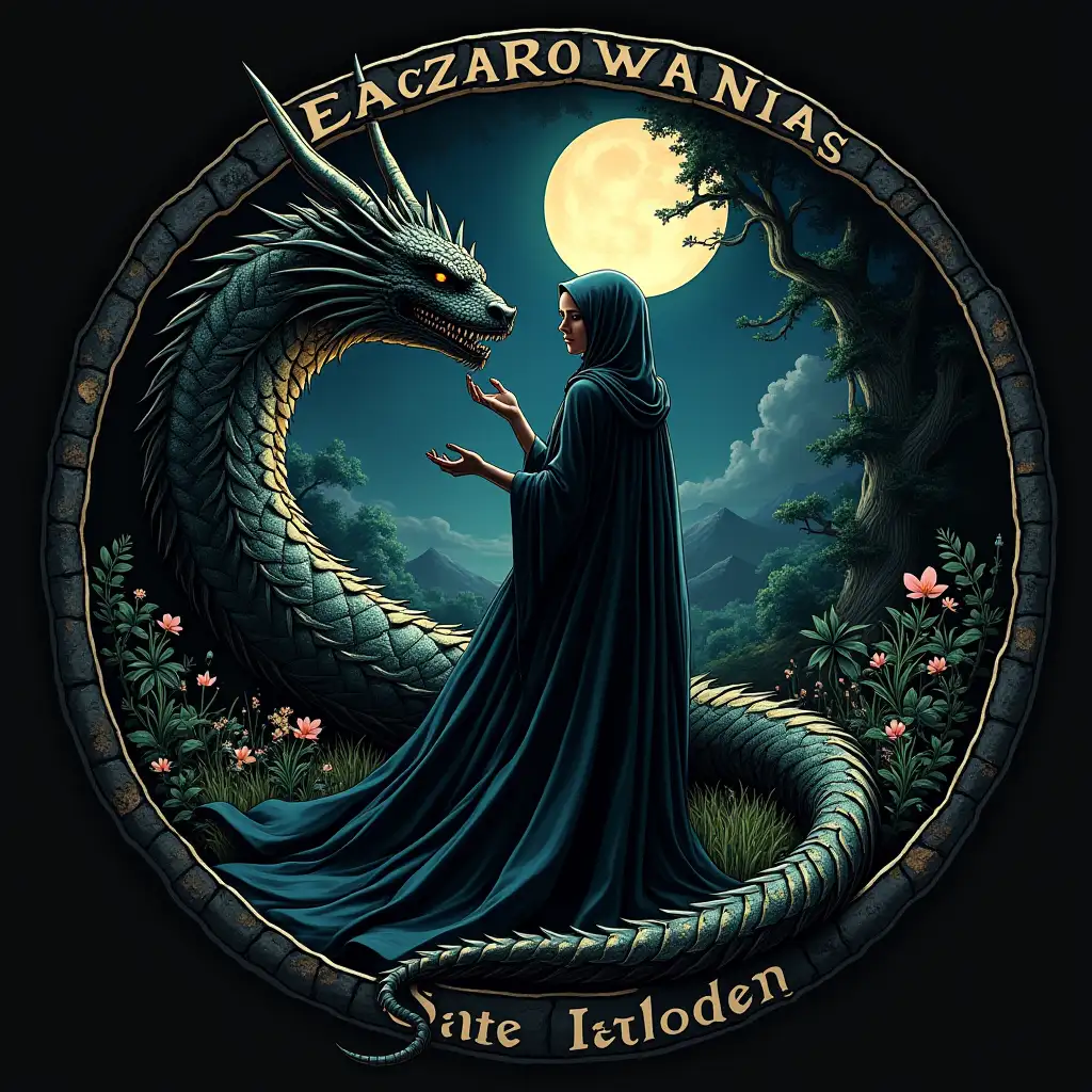 Graphics in a dark fantasy style circle. Dark sky, enchanted garden. Sorceress in a cloak, stroking a magic dragon. Around the inscription 'Zaczarowana'