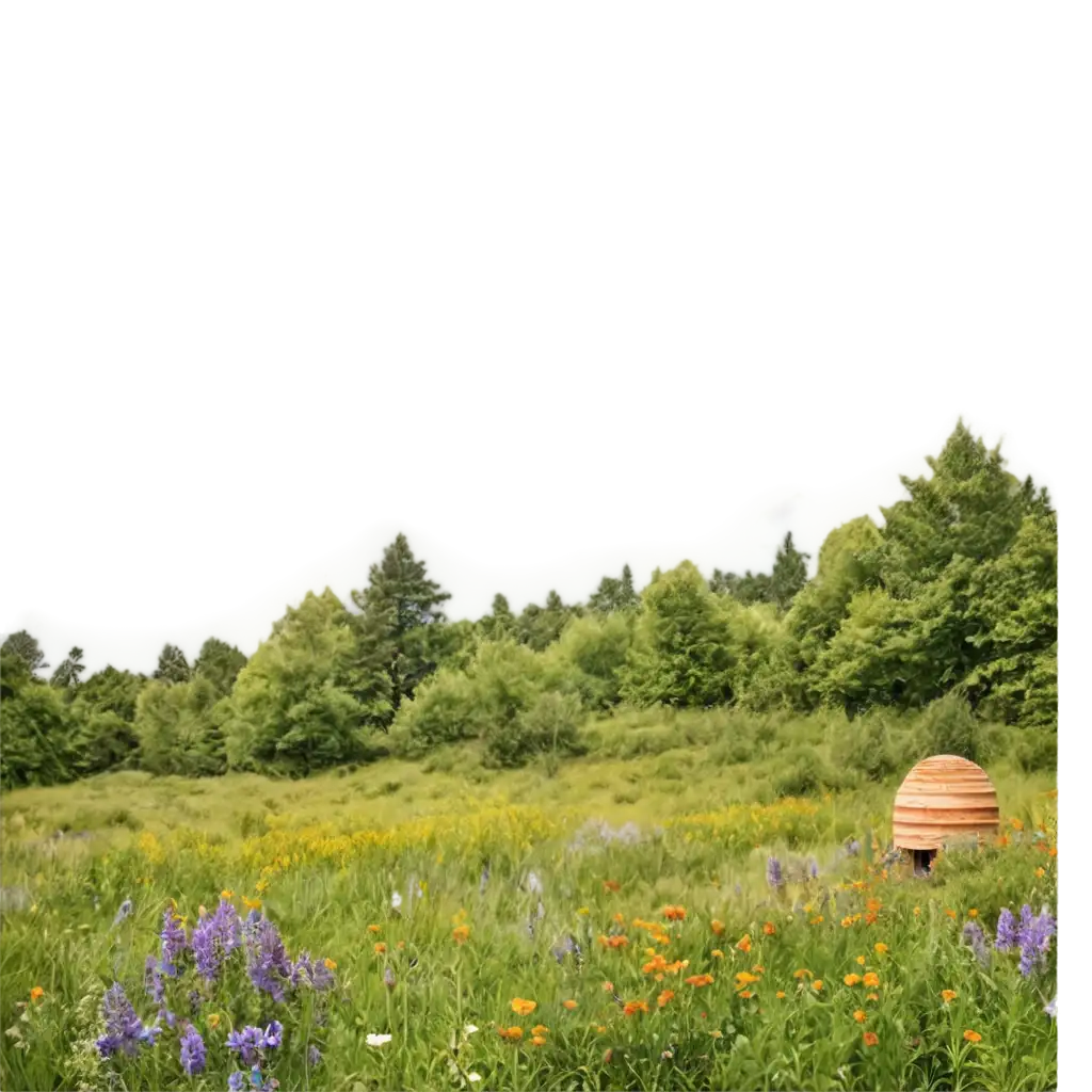 Vibrant-Landscape-PNG-Image-Featuring-a-Beehive-Wildflowers-and-Greenery-for-HighQuality-Visual-Appeal