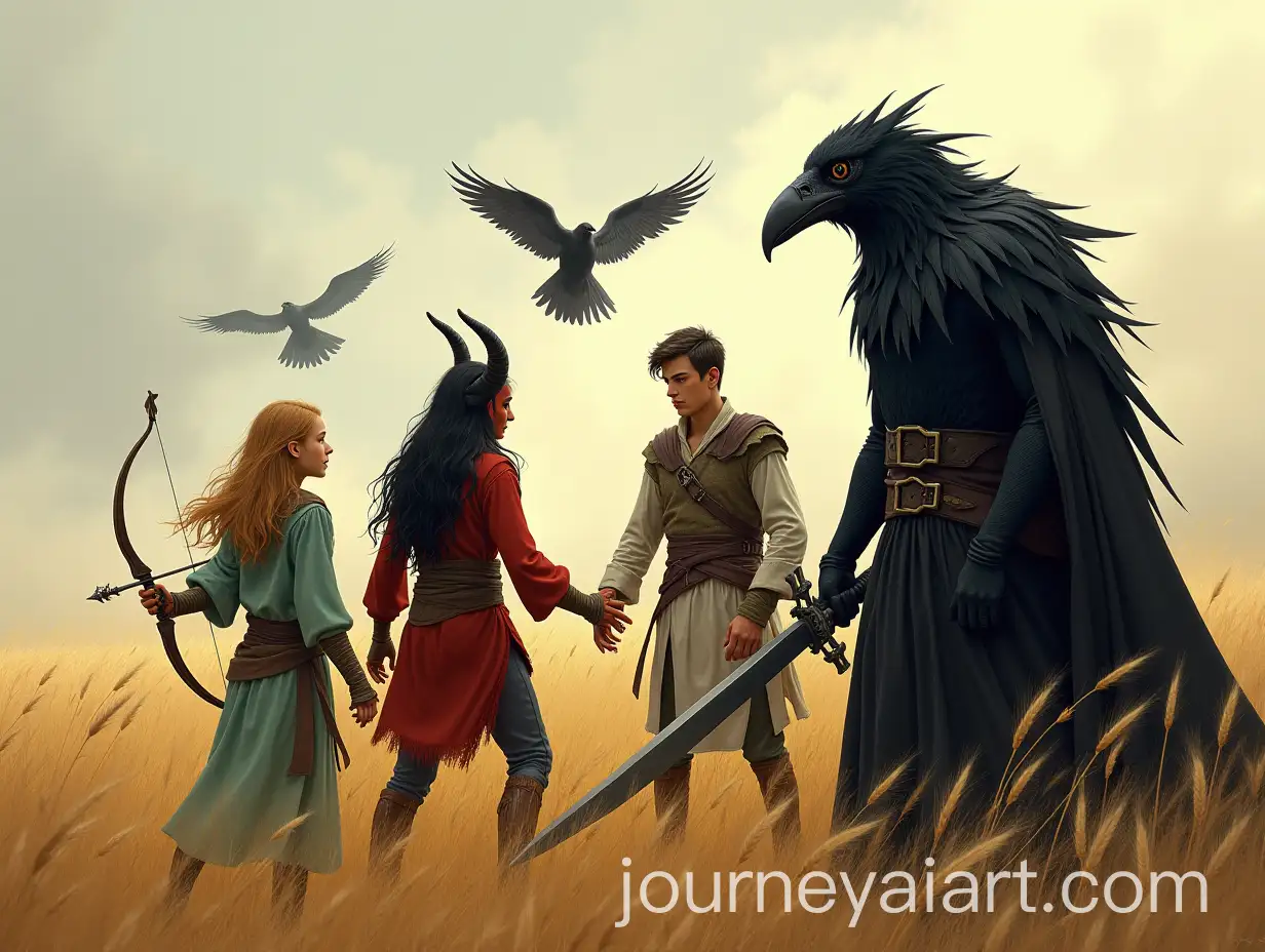Elven-Girl-Tiefling-Warrior-Elf-Wizard-and-RavenMan-Fighting-Scarecrows-in-Wheat-Field