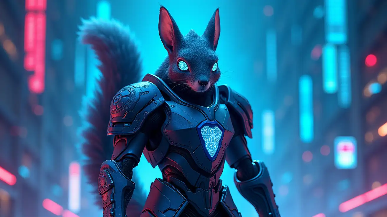 A hyper-realistic cybernetic squirrel knight, standing tall in a powerful stance, wearing a sleek, futuristic battle helmet with a reinforced visor that glows with neon-blue circuitry patterns. The helmet is adorned with sharp, angular edges and a retractable HUD display, enhancing its tactical awareness. The squirrel’s titanium-alloy armor is intricately detailed with glowing blue energy veins, providing a perfect blend of agility and protection. In one hand, it grips a massive high-tech shield embedded with encrypted blockchain data patterns, reflecting holographic cryptographic symbols. In the other hand, it wields a futuristic cyber-mace with a crackling energy core, emitting electric arcs. Its segmented metallic tail moves dynamically like a biomechanical whip.nThe background is a fully immersive cryptographic digital environment—a vast, neon-lit cyberspace filled with cascading blocks of encrypted code, holographic firewalls, decentralized blockchain structures, and quantum security nodes floating in an infinite digital grid. The atmosphere pulses with electric blue and deep violet lights, with glowing cryptographic symbols dynamically shifting in midair. The lighting is cinematic and dramatic, casting radiant reflections on the knight's metallic armor.