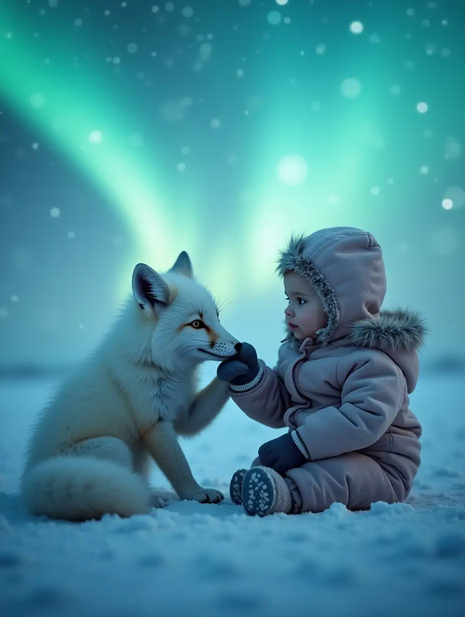 A fluffy Arctic fox sniffing the hand of a 6-month-old boy bundled in a cozy snowsuit, sitting amidst the icy tundra under the northern lights. Surreal, cinematic images