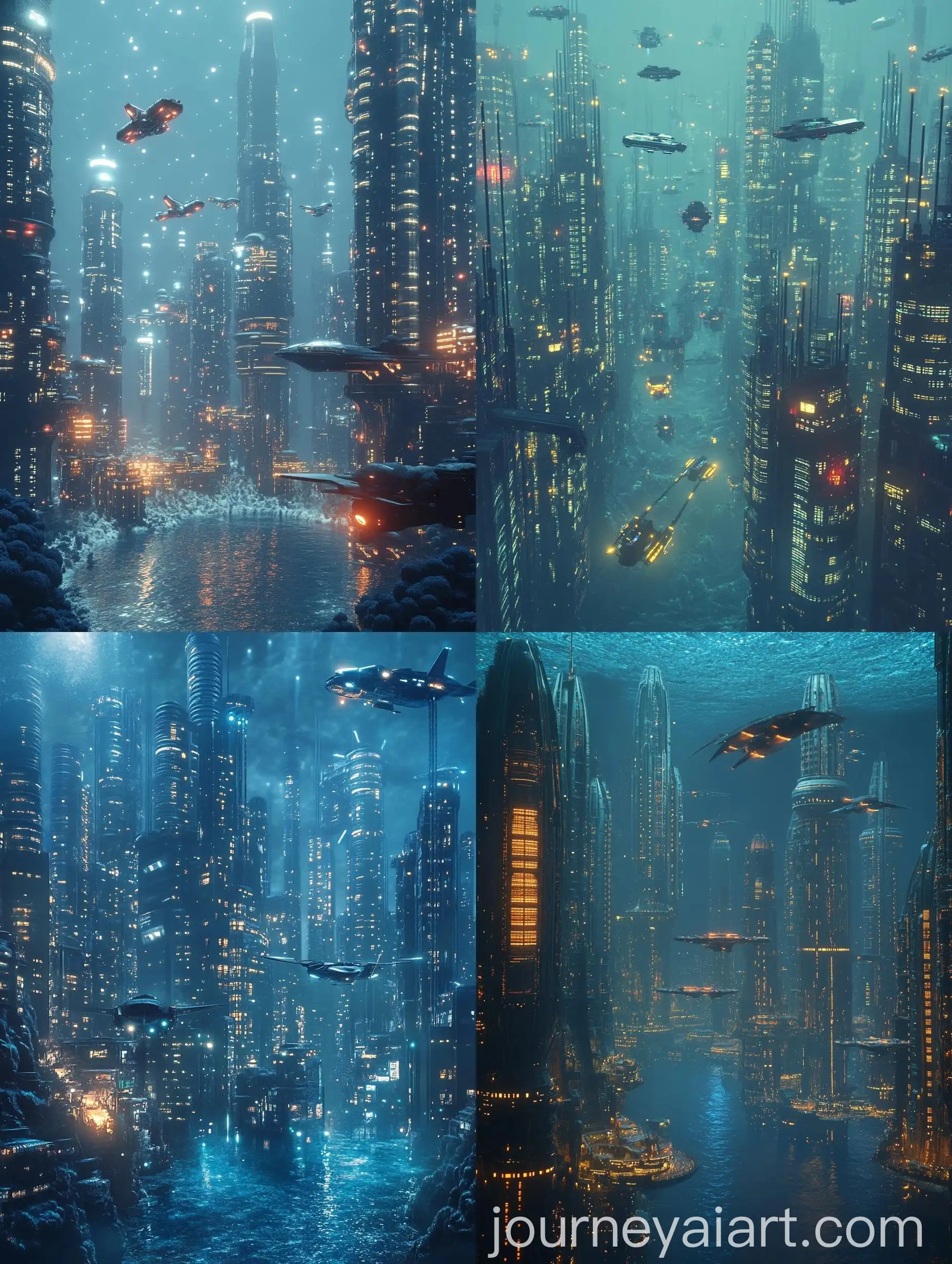 Hyper-Futuristic-City-at-Night-Amongst-Coral-Reef-with-Craft-Taking-Off
