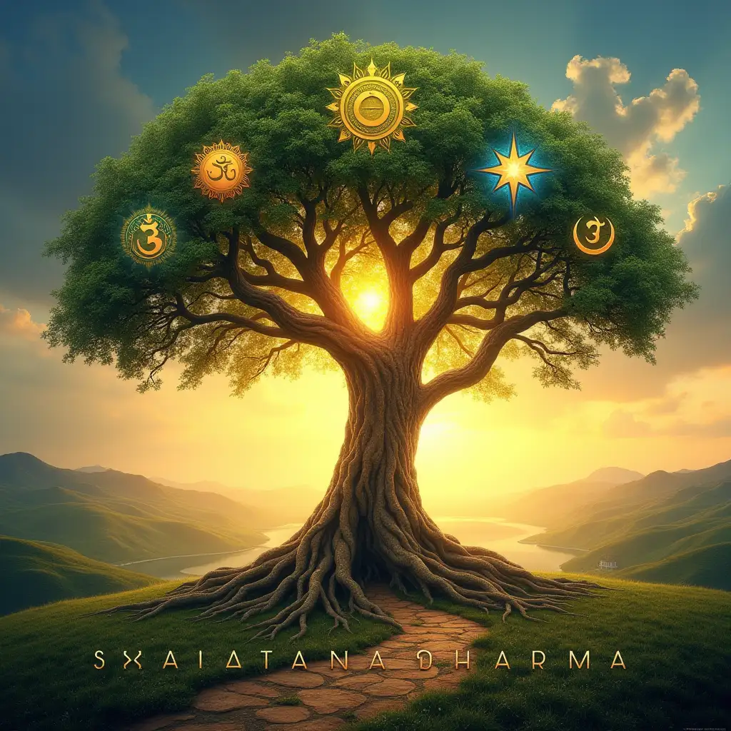 Visualize a majestic, ancient tree with a broad trunk and sprawling branches, symbolizing the interconnectedness of all life. Each leaf features a different symbol from various religions (like Om, Cross, Star and Crescent), reflecting diversity and unity. In the background, a serene landscape includes rolling hills, a flowing river, and a vibrant sunset, representing the eternal nature of Sanatana Dharma. A gentle light shines through the tree, illuminating the scene and suggesting wisdom and peace. The title 'SANATANA DHARMA' is artistically integrated into the sky, using an elegant font that conveys reverence and timelessness. The overall color palette features warm golds, deep blues, and rich greens, evoking a sense of spirituality and harmony.