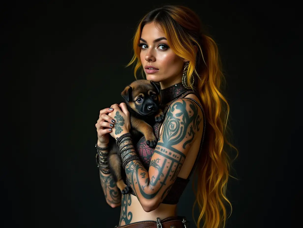 Lady with a -tattoo, futuristic long black-yellow patterned hair, braided and laced boots,and a puppy in her hand Detailed and colorfully dressed and futuristic jewelry. Background Unfocused, black 120-mm shot Steampunk