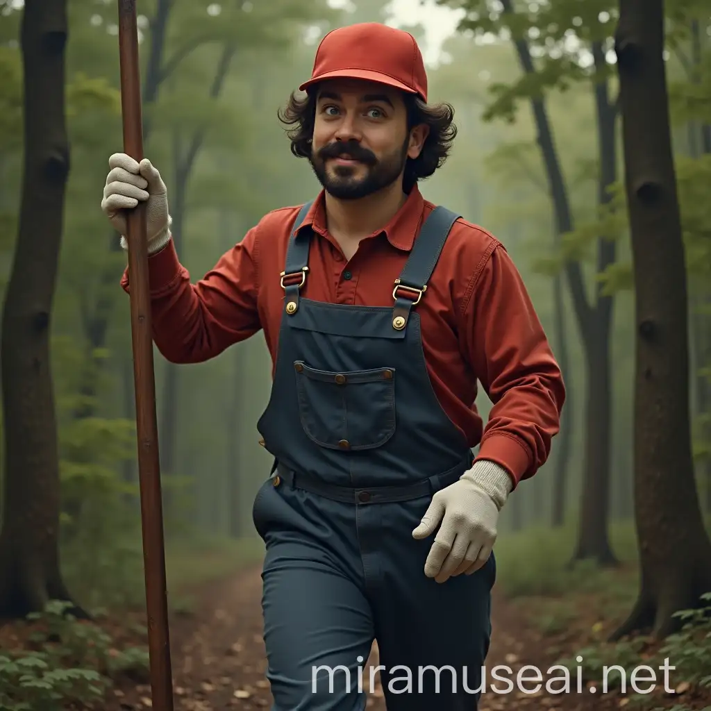 Man in Red Cap and Overalls Walking in Forest