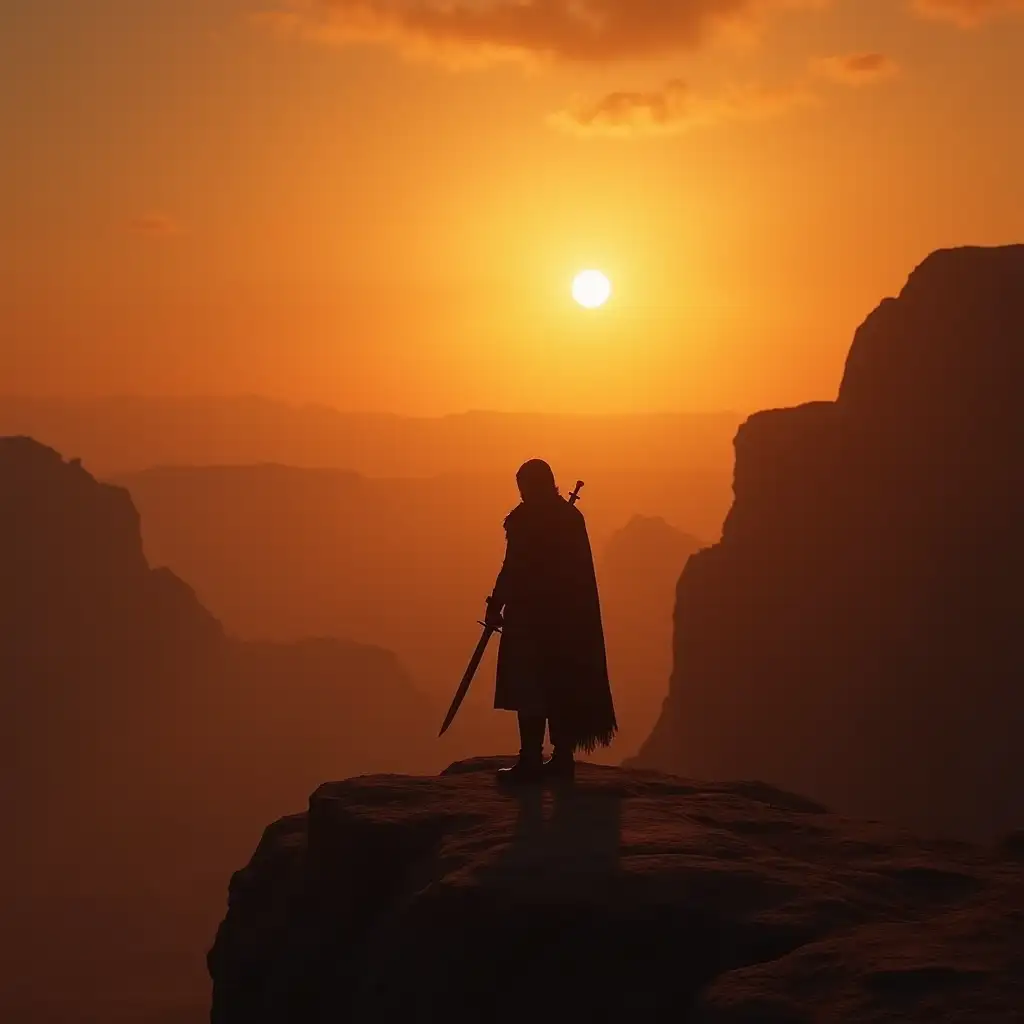 A lone warrior standing on a cliff at sunset, the light illuminating their sword, with a vast desert stretching out below them, cinematic widescreen, epic atmosphere, warm tones, dynamic lighting