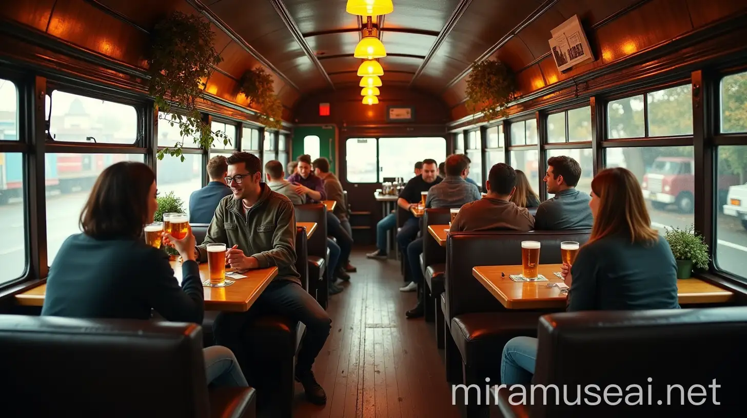 Interior of Bus Transformed into Irish Pub with People Toasting