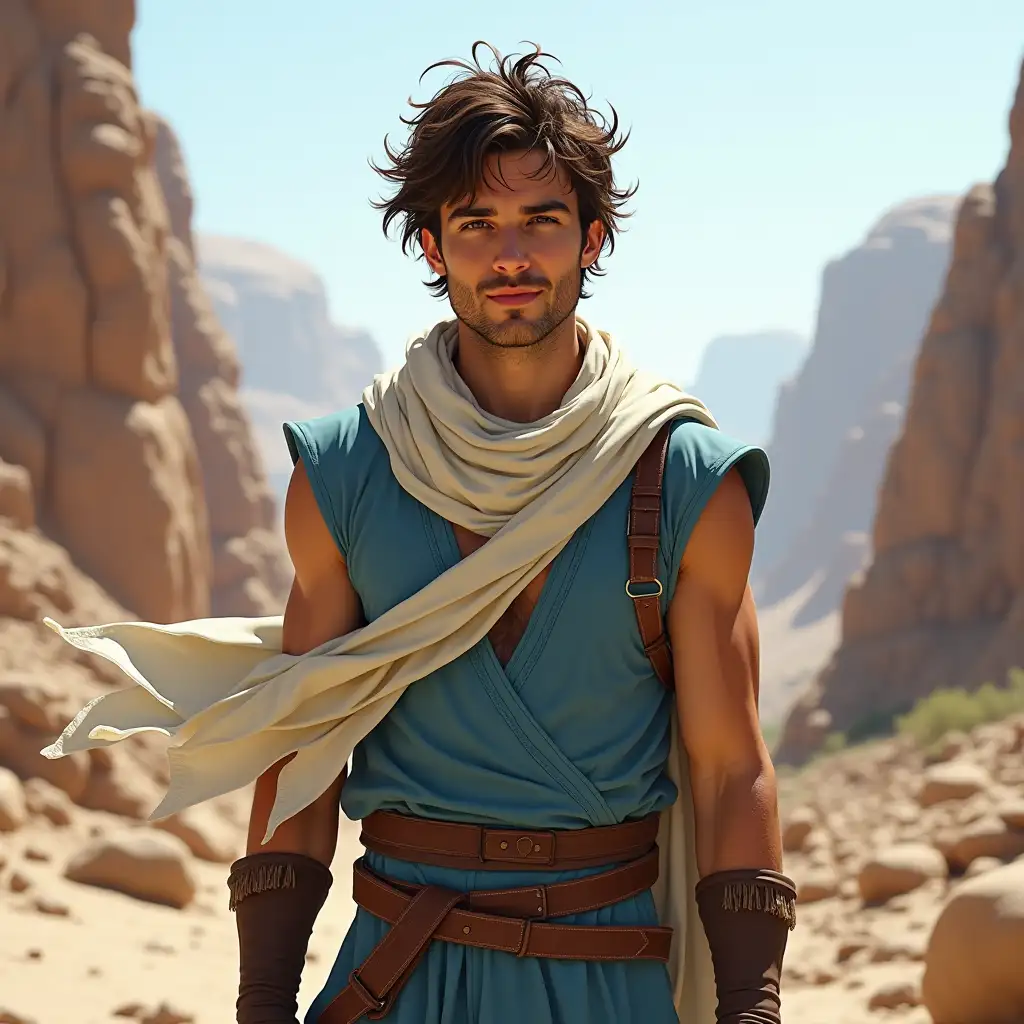 Young-Man-in-Blue-Arabic-Clothes-with-White-Scarf-in-Rocky-Valley