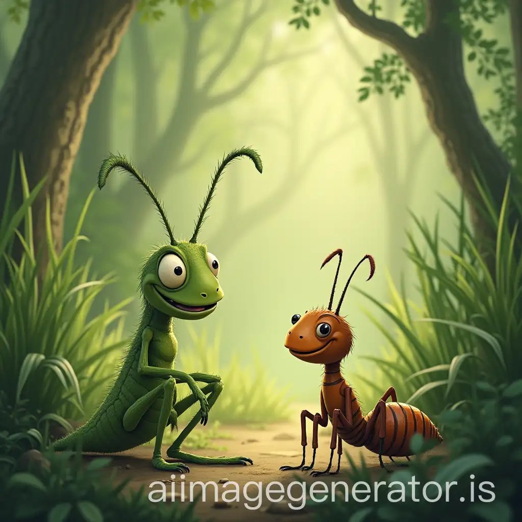 Grasshopper-Sharing-Tales-with-Ant-in-Vibrant-Forest