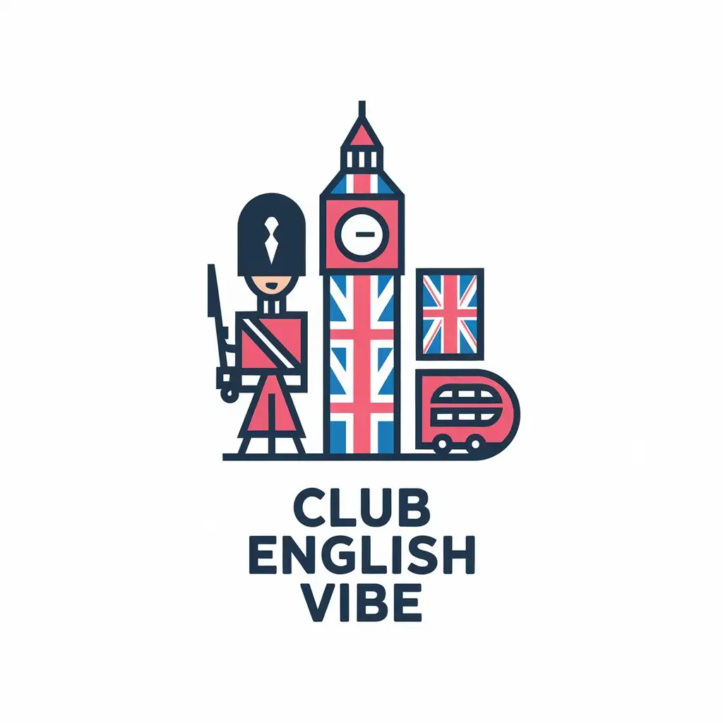 a vector logo design,with the text "Club English Vibe", main symbol:Attractions of London, british Soldier, Big Ben, Bus,Moderate,be used in Others industry,clear background