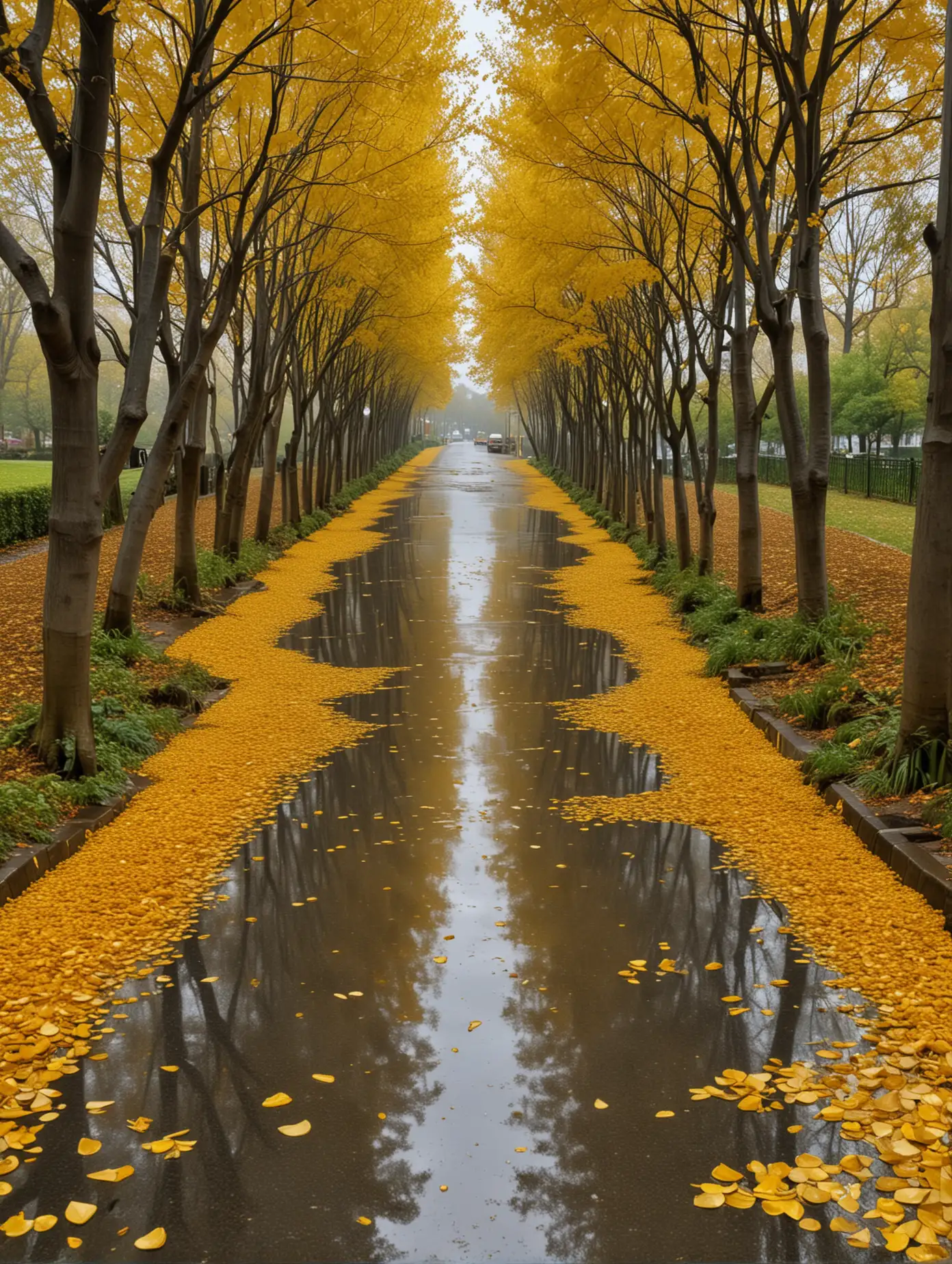 Golden-Ginkgo-Tunnel-After-Rain-Tranquil-Autumn-Scene