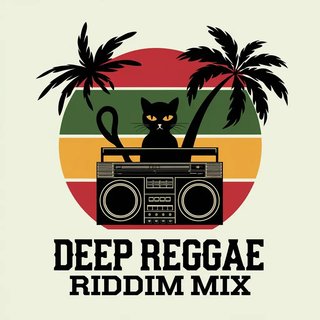 LOGO Design for Deep Reggae Riddim Mix Rasta Color Silhouette of Black Cat Boombox Palm Tree