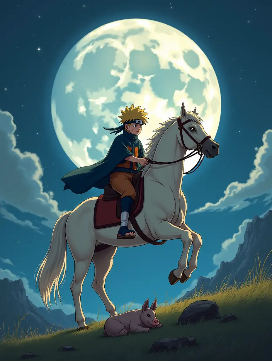 Naruto is riding a white brown horse in the moon, hunting for a wild pig.