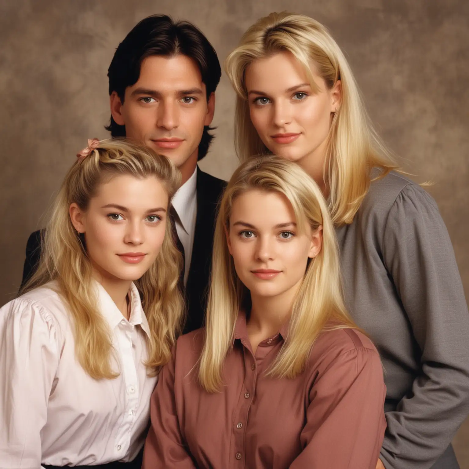 1990s Family Photo Dark Haired Man Blonde Woman and Two Dark Haired Daughters