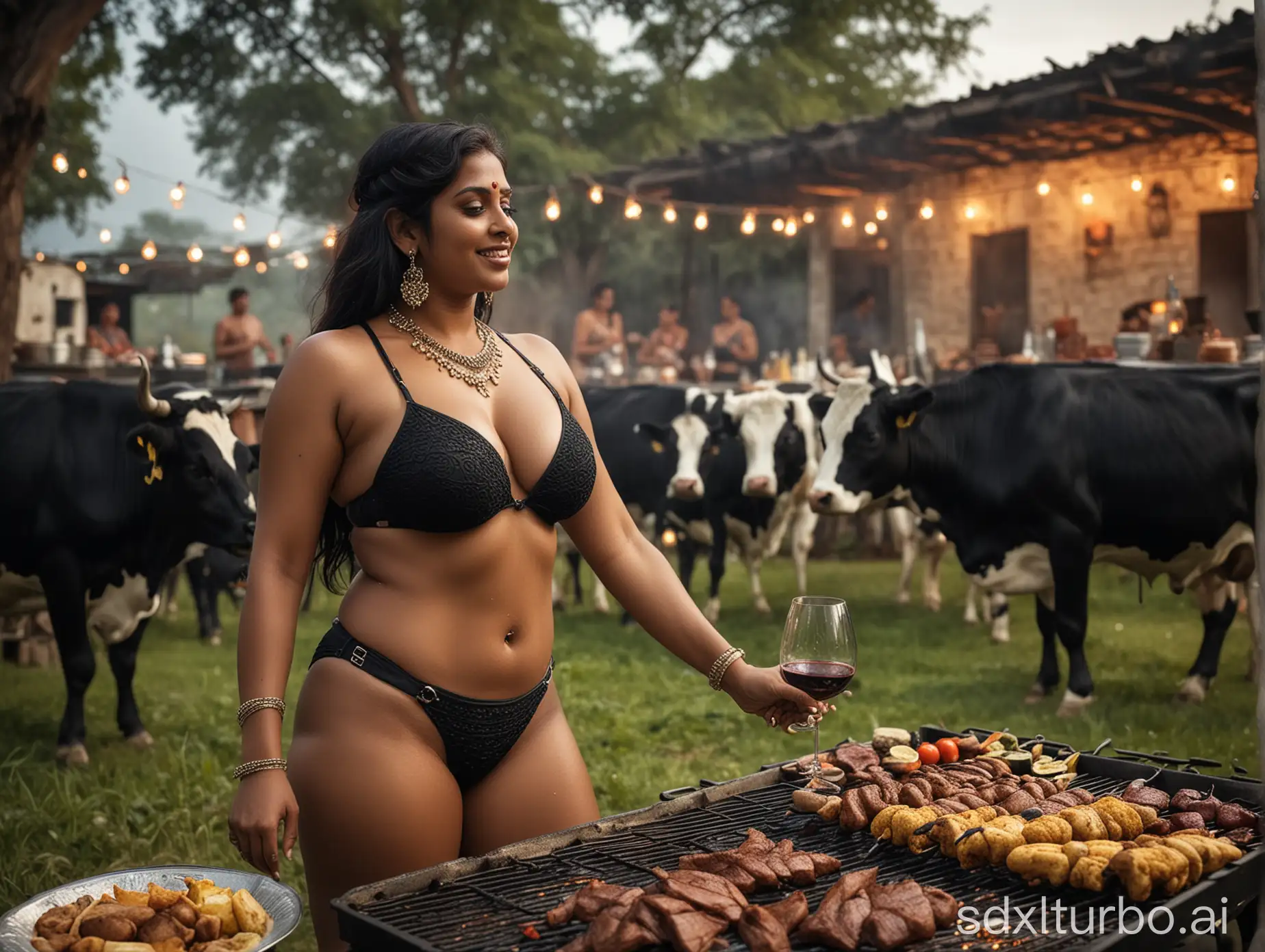 Happy-Indian-Woman-Enjoying-Wine-and-Barbecue-with-Cows-Grazing-in-Background