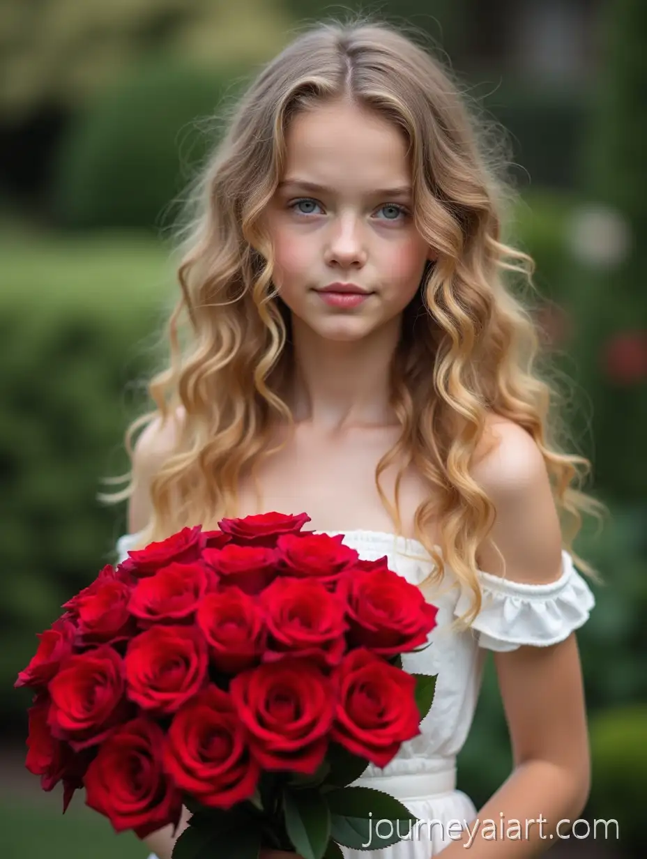 Young-Woman-in-White-Dress-Holding-Red-Roses-in-a-Lush-Garden