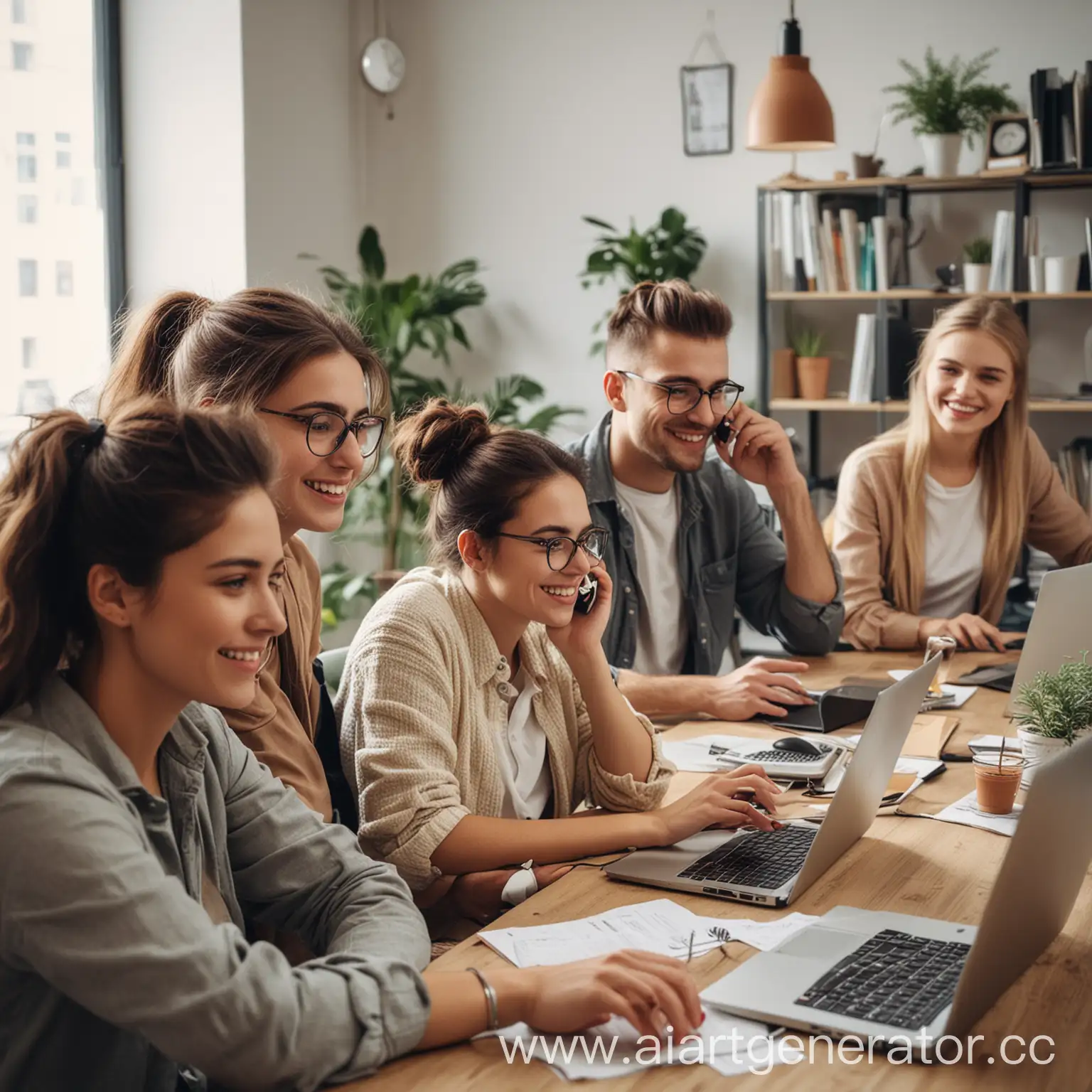 Young-Advertising-Workers-Collaborating-in-Cozy-Office-with-Laptops-and-Phones