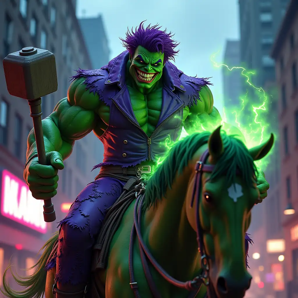 A wide shot of a superhero hybrid of the Hulk and the Joker, towering and muscular with vibrant green skin and wild purple hair. He is riding a muscular horse in the light, facing the darkness. His face is a chaotic blend of a menacing grin and playful mischief, featuring exaggerated features like a wide smile and intense, piercing eyes. He wears a tattered purple suit adorned with chaotic patterns, blending humor with raw power. In one hand, he holds a giant mallet, while the other crackles with green energy. The background is a cityscape at dusk, illuminated by neon lights and shadows, reflecting his dual nature of chaos and strength.