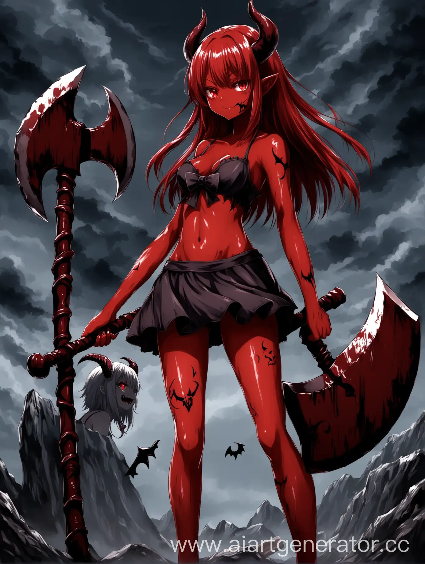 
Anime girl with a big axe, red skin, demon, sweet