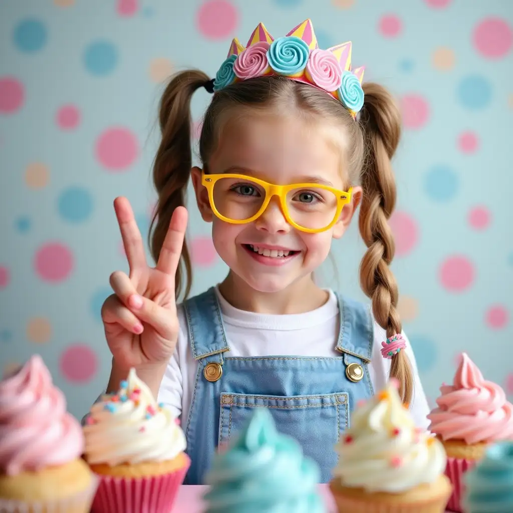 girl age 7 , Caucasian with the endss of her pigtails pastel rainbow, sweets candy, blue swirl lolipops and cupcakes in the background , icing dripping from in the background, white and pink and sprinkles, wearing a candy crown , yellow glasses, hand in a peace sign, wearing blue jumpsuit with white undershirt