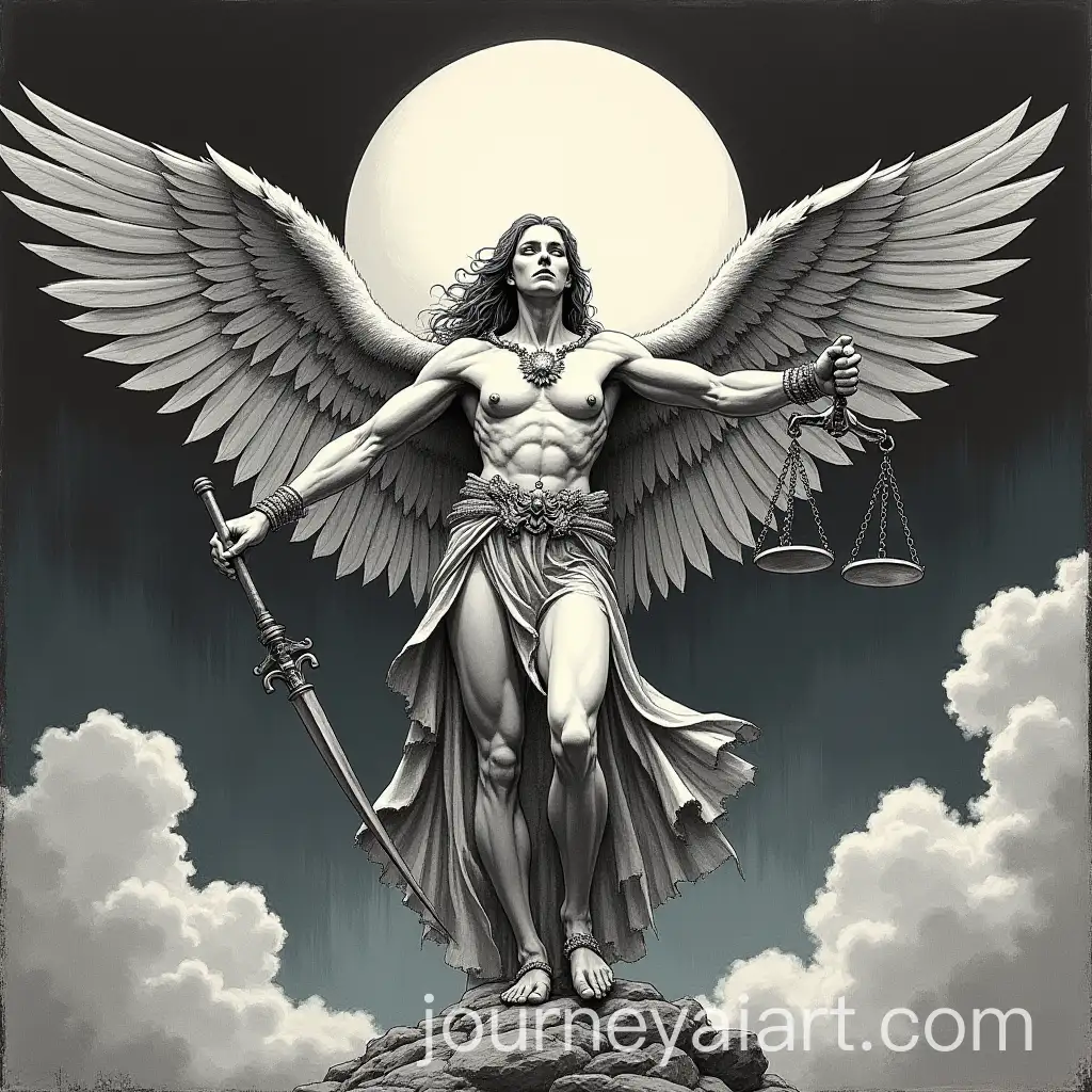 Wax-Pencil-Illustration-of-Angel-of-Justice-with-Spreading-Wings-Under-Full-Moon-in-Darkened-Tones