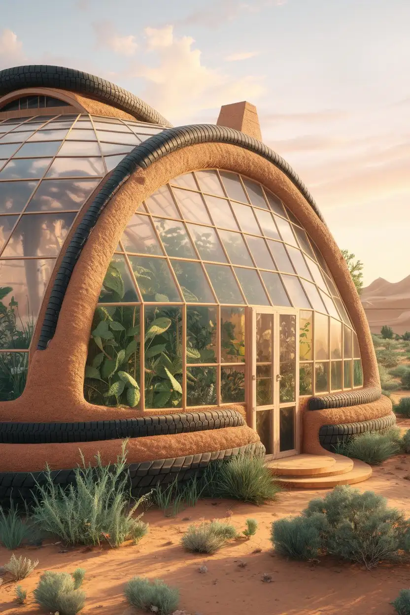 Wide shot, exterior view of a large, majestic earthship greenhouse integrated into a desert landscape. The greenhouse is constructed from recycled tires, glass bottles, and earth, with curved walls and a natural, organic aesthetic. Lush green plants are thriving inside, visible through the glass sections. Golden hour lighting, warm and inviting, casting long shadows.  Photorealistic, detailed, vibrant colors, sustainable architecture, eco-friendly design.