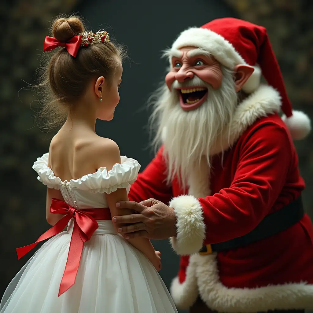 Princess-and-Troll-in-Santa-Claus-Costume-with-Evil-Gnome-in-Dark-Fantasy-Scene