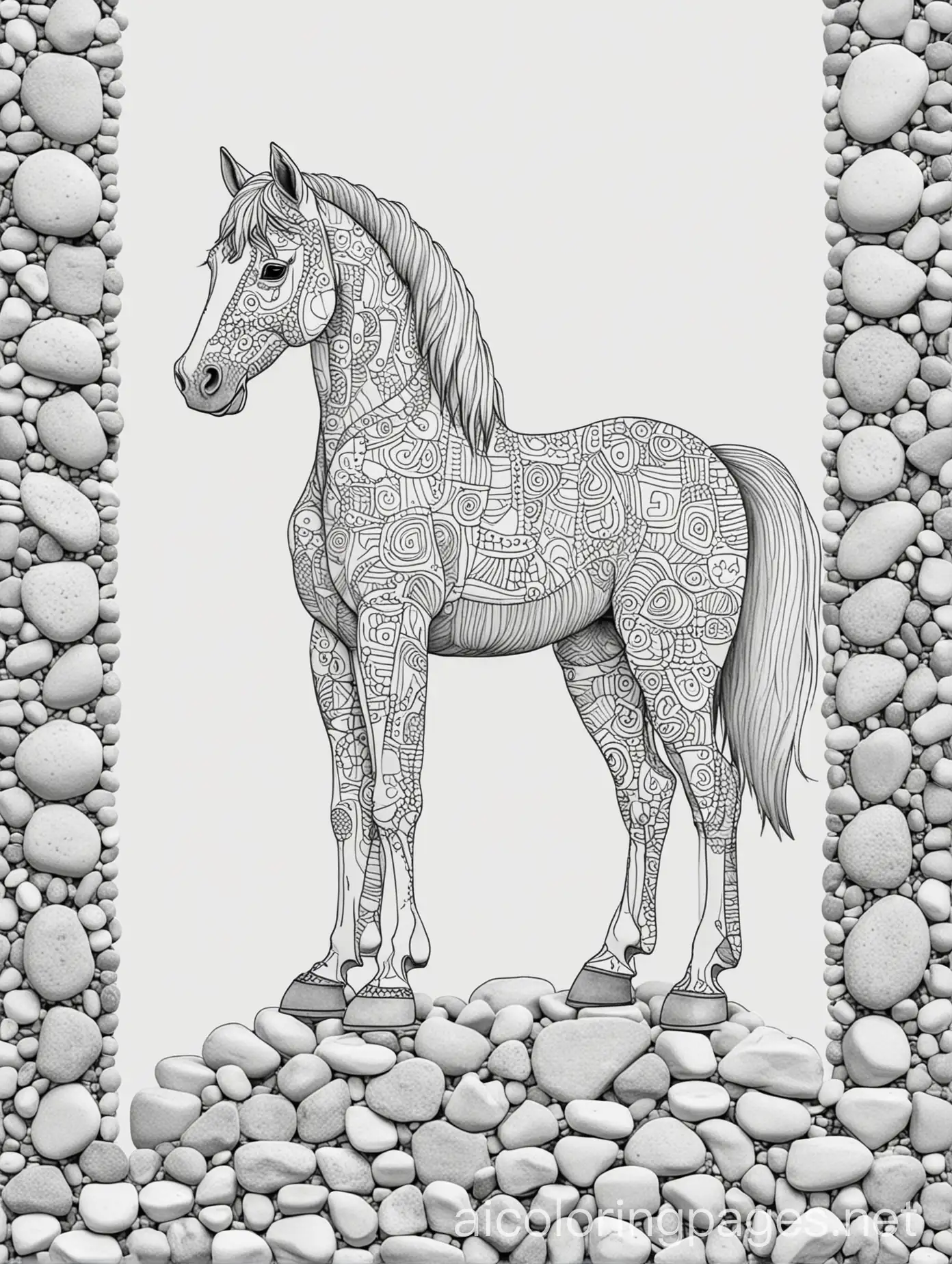 Patterned-Horse-Coloring-Page-on-Pebbles-Black-and-White-Line-Art