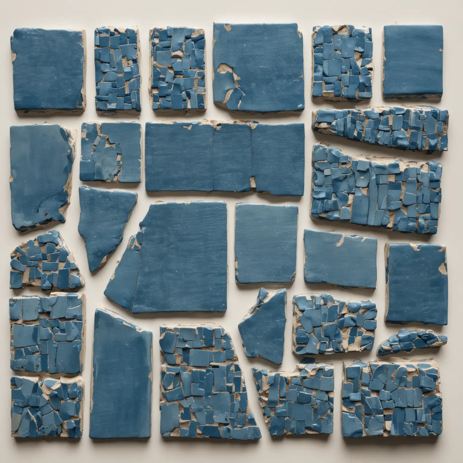 View strictly from above: fragments of blue glaze based on Egyptian blue. Background color is white.