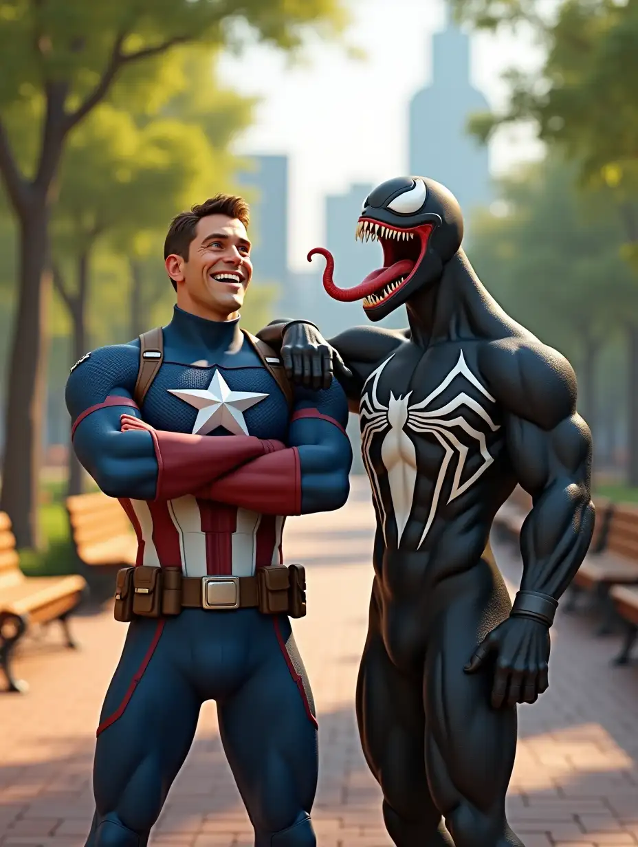 A hyper-realistic 3D render in 4K of Captain America and Venom standing together in a lively city park during a bright and sunny afternoon. Captain America, wearing his iconic blue suit with a white star on his chest, red gloves, and a utility belt, crosses his arms confidently while laughing with a wide, cheerful grin. Venom, in his sleek black symbiote suit with a white spider emblem on his chest, has his arm casually wrapped around Captain America's shoulder with sharp teeth exposed in a monstrous yet friendly laugh, with his long tongue playfully sticking out. The background features a beautiful park with tall green trees, wooden benches, and a few city skyscrapers in the distance. The lighting is cinematic, with soft shadows and warm sunlight enhancing the details of their costumes and expressions. The image has a fun, lighthearted, and humorous tone, capturing an unexpected yet friendly bond between the two characters.