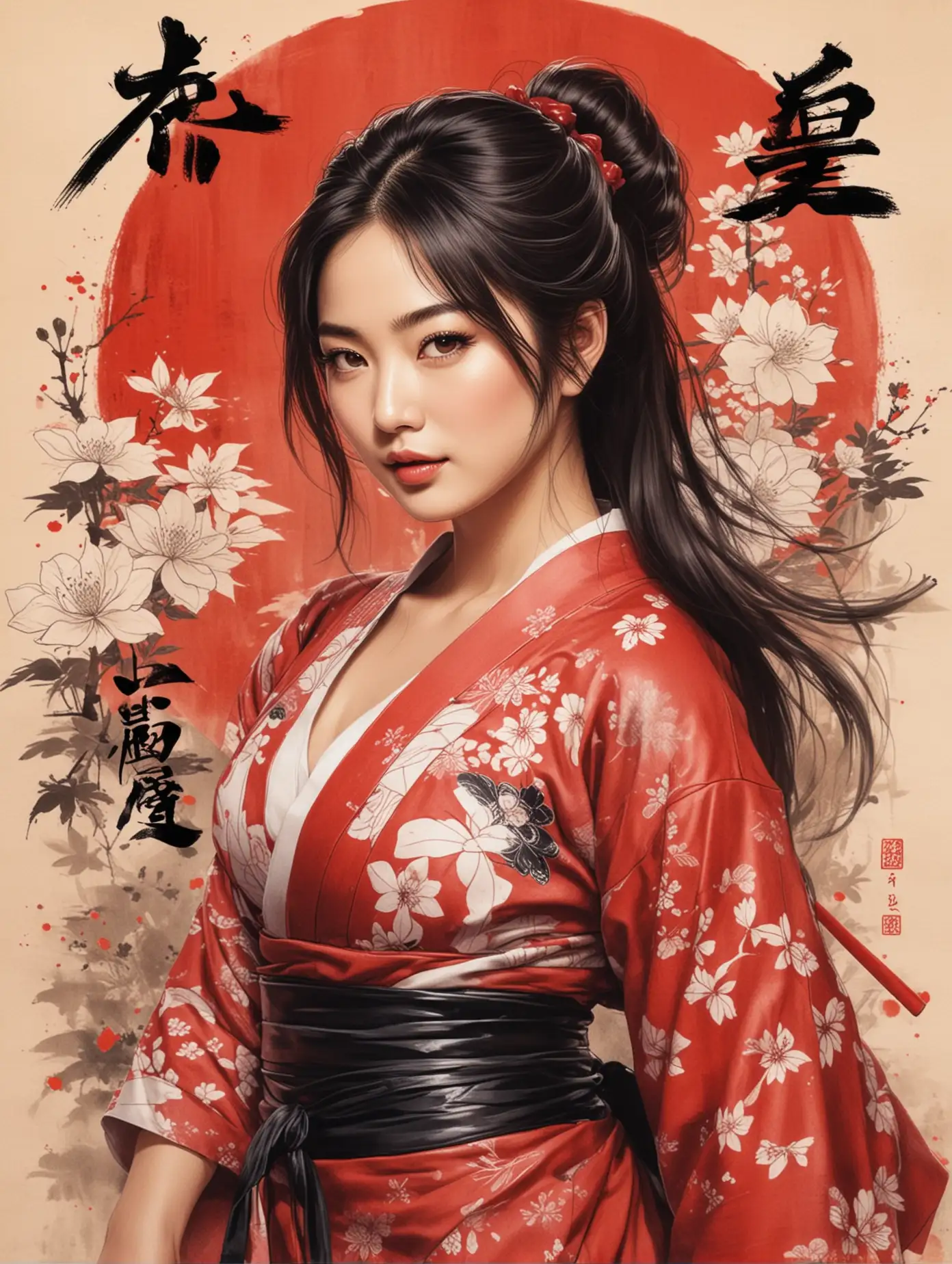 japanese ink painting, Beauty Song Hye Kyo with awesome cleavage, wears ninja konoha suit, dynamic battle pose, japanese culture symbols background, pencil sketch drawn, red and white hue, ukiyo-e style