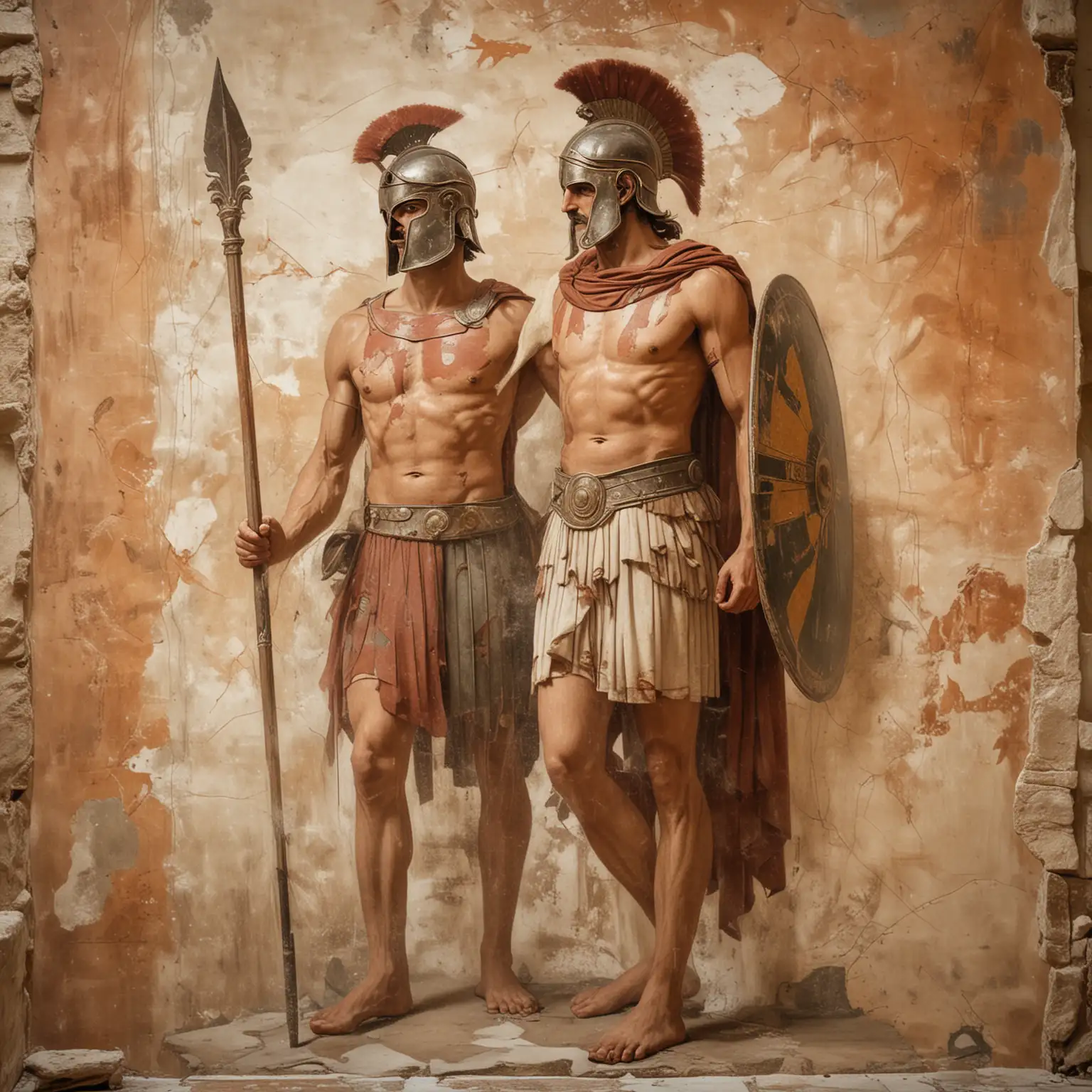 The ancient Greek mural shows a lone warrior, his figure faint and weathered by time. He stands poised with a spear in hand, his helmet adorned with a plume, though its details blur into the wall. His shield is raised, depicting mythic creatures, barely visible through the fading paint. The surrounding background, once vibrant, now softly blends into earthy tones, evoking a sense of age and history.