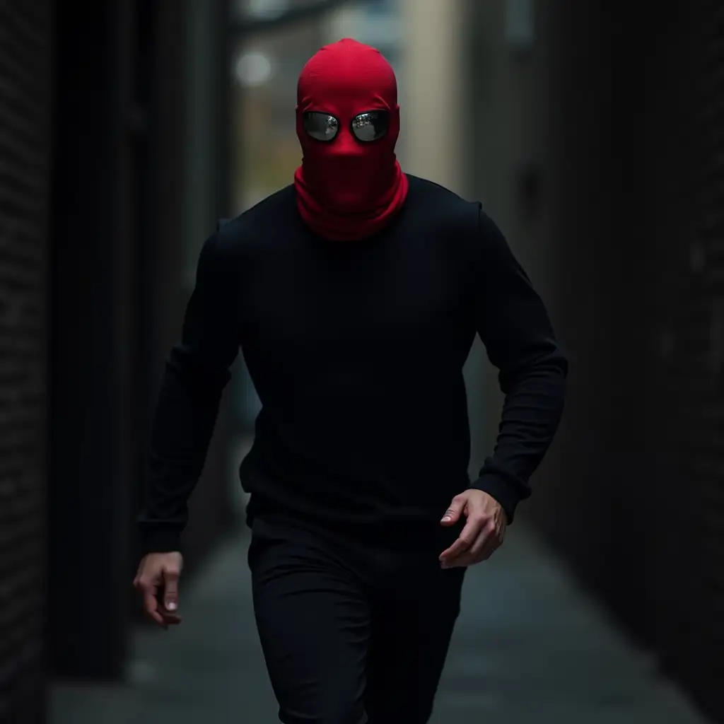 A masked man with a red cloth mask, silver mirrored lenses, 2 meters tall, muscular, wearing black clothes, long-sleeved black shirt, black pants, black shoes, running in a dark alley