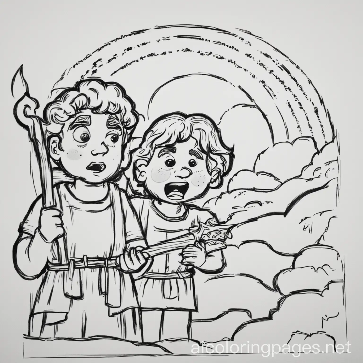 Cain and Abel in the Bible, Coloring Page, black and white, line art, white background, Simplicity, Ample White Space. The background of the coloring page is plain white to make it easy for young children to color within the lines. The outlines of all the subjects are easy to distinguish, making it simple for kids to color without too much difficulty