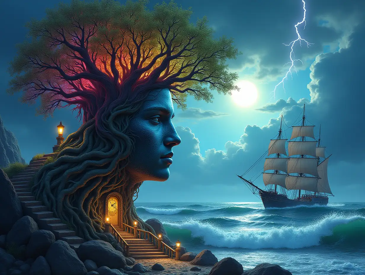 In creating a digital painting, a face with rainbow root hair transforms into a building with stones and lighting. Trees with roots and rocks and lantern at the sea, with large clock. Sailing ship with lanterns and a very large kraken and the sun shines through the clouds, from sea is a staircase to heaven Very big waves and strange lightning