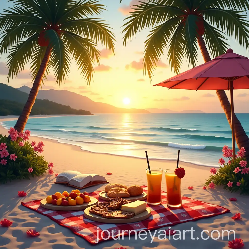 Tranquil-Tropical-Beach-Sunset-with-Fresh-Fruits-and-Drinks