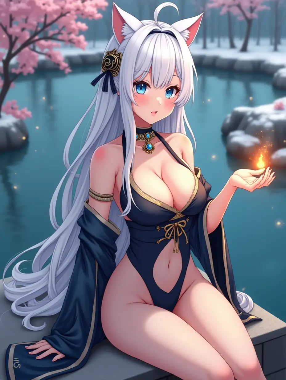 Anime mature adult woman with an hourglass body who looks like she is in her 30's with big breast, extreme cleavage, blue eyes, black and gold earrings, a choker around her neck, long white hair and white cat ears on her head. She is in a extremely revealing Miko outfit in the spring time sitting by a koi fish pond. The background is snowing with Japanese trees blowing in the wind. She light up small laterns for the event tonight.