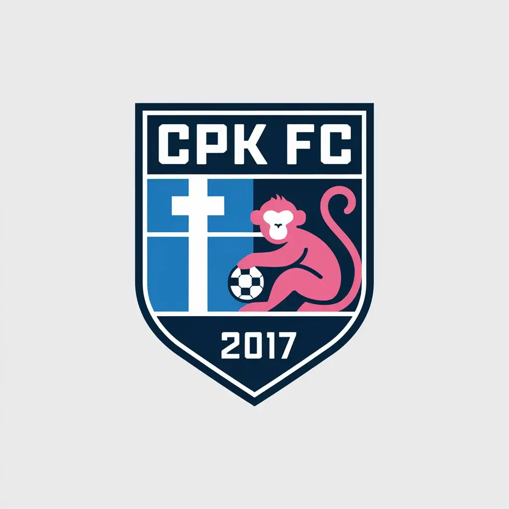 LOGO Design for CPK FC Blue White Pink Shield Badge with Minimalist Monkey and Vintage Soccer Ball