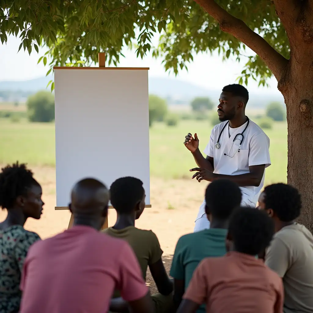Male-Nurse-Engaging-Rural-African-CommunityAI-Art-Prompt-Expansion-Under-Tree-with-Educational-Poster