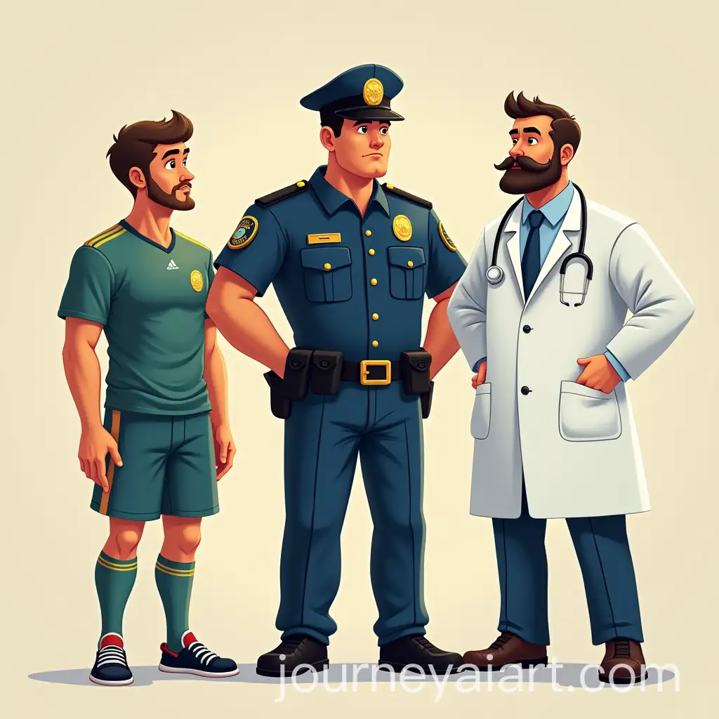Three-Friends-Footballer-Police-Officer-and-Surgeon-in-a-Dynamic-Scene